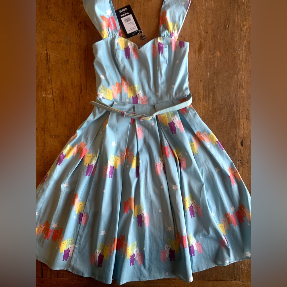 Light Blue Cat Print Fit-and-Flare Dress - Picture 3 of 16